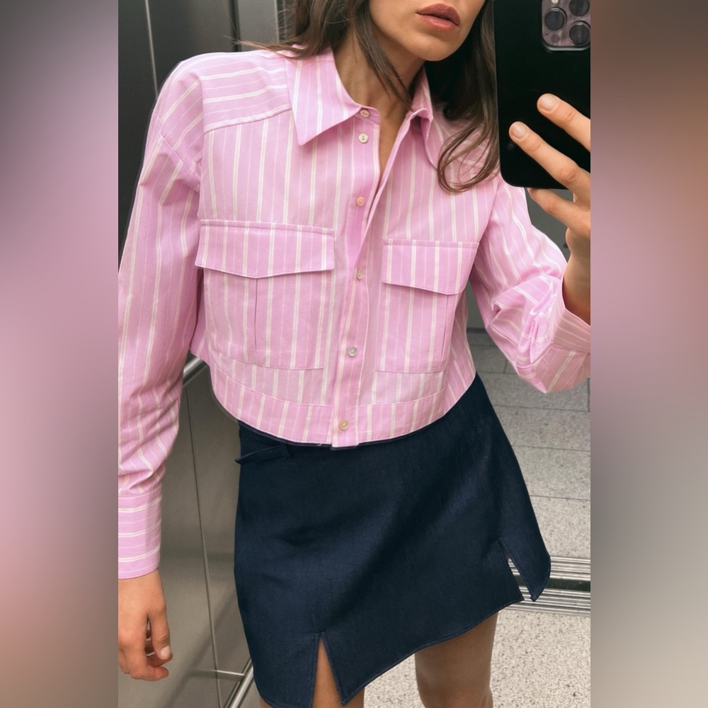 ZARA Pink Striped Cropped Shirt